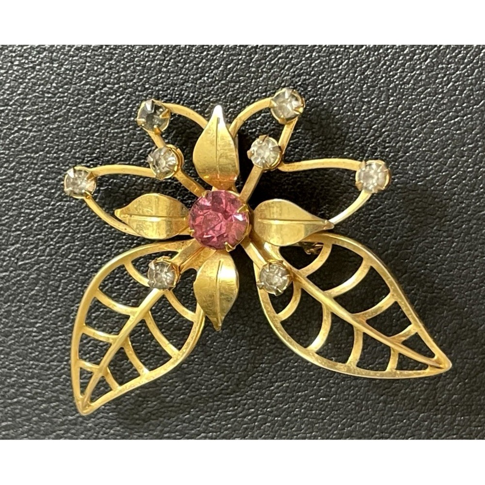Vintage Floral Rhinestone Brooch Leaf Flower Pink Gold Tone Openwork Jewelry